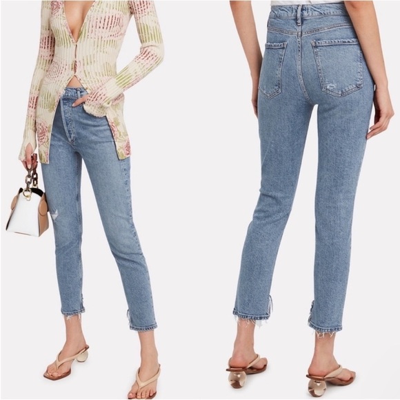 AGOLDE Nico High-Rise Skinny Jeans Distressed Light Indigo Raw Hem Button Fly 23 - Picture 1 of 15